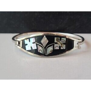 Alpaca Mexico Abalone Shell Enamel Floral Hinged Bangle Bracelet Vintage